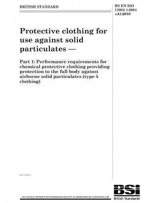 Schutzkleidung zum Einsatz gegen feste Partikel. Leistungsanforderungen an Chemikalienschutzkleidung, die den gesamten Körper vor in der Luft befindlichen Feststoffpartikeln schützt (Kleidung Typ 5)
