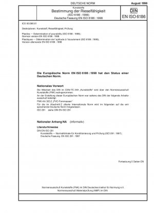 Kunststoffe – Bestimmung der Rieselfähigkeit (ISO 6186:1998); Deutsche Fassung EN ISO 6186:1998