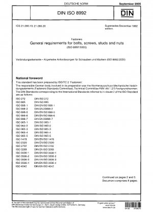 Verbindungselemente – Allgemeine Anforderungen für Bolzen, Schrauben, Bolzen und Muttern (ISO 8992:2005)