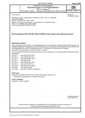 Füllstoffe für Farben – Spezifikationen und Prüfverfahren – Teil 14: Cristobalit (ISO 3262-14:2000); Deutsche Fassung EN ISO 3262-14:2000 / Hinweis: Wird durch DIN EN ISO 3262-14 (2022-10) ersetzt.