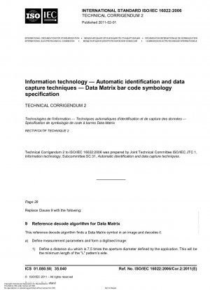 Informationstechnologie. Automatische Identifikations- und Datenerfassungstechniken. Spezifikation der Data-Matrix-Barcode-Symbologie; Technische Berichtigung 2