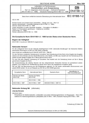 Leiterplatten und Leiterplattenbaugruppen – Design und Verwendung – Teil 1-2: Allgemeine Anforderungen; kontrollierte Impedanz (IEC 61188-1-2:1998); Deutsche Fassung EN 61188-1-2:1998