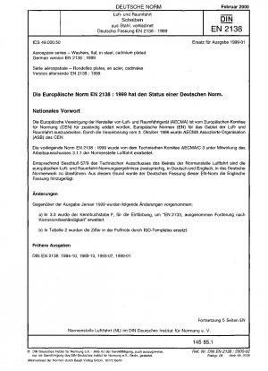 Luft- und Raumfahrt - Unterlegscheiben, flach, aus Stahl, kadmiert; Deutsche Fassung EN 2138:1999