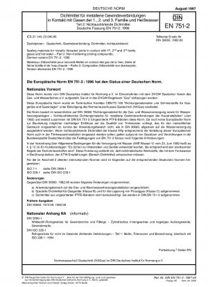 Dichtungsmaterialien für metallische Gewindeverbindungen in Kontakt mit Gasen der 1., 2. und 3. Familie und heißem Wasser - Teil 2: Nicht aushärtende Dichtungsmassen; Deutsche Fassung EN 751-2:1996