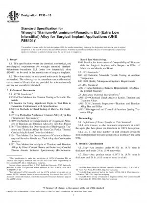 Standardspezifikation für geknetete Titan-6Aluminium-4Vanadium-ELI-Legierung (Extra Low Interstitial) für chirurgische Implantatanwendungen (UNS R56401)