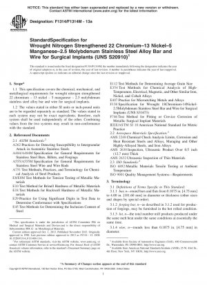 Standardspezifikation für stickstoffverstärkte 22-Chrom-, 13-Nickel-, 5-Mangan- und 2,5-Molybdän-Edelstahllegierungsstangen und -drähte für chirurgische Implantate (UNS S20910)
