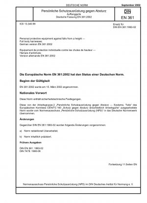 Persönliche Schutzausrüstung gegen Absturz – Ganzkörpergurte; Deutsche Fassung EN 361:2002