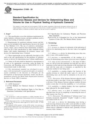 Standardspezifikation für Referenzmassen und Geräte zur Bestimmung von Masse und Volumen zur Verwendung bei der physikalischen Prüfung hydraulischer Zemente