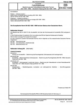Kunststoffe - Celluloseacetat - Bestimmung des Viskositätsverlusts beim Formen (ISO 1599:1990); Deutsche Fassung EN ISO 1599:1999