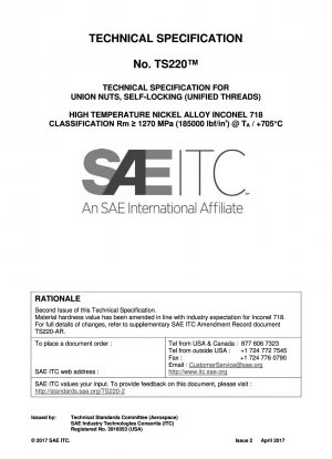 Technische Spezifikation für Überwurfmuttern, selbstsichernd (Einheitsgewinde), Hochtemperatur-Nickellegierung, Inconel 718-Klassifizierung