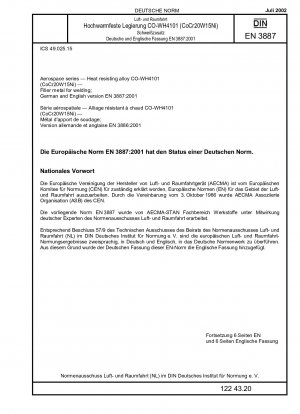 Luft- und Raumfahrt - Hitzebeständige Legierung CO-WH4101 (CoCr20W15Ni) - Zusatzwerkstoff zum Schweißen; Deutsche Fassung EN 3887:2001