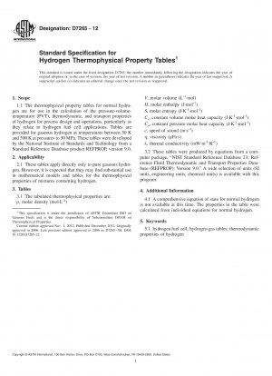 Standardspezifikation für Tabellen zu den thermophysikalischen Eigenschaften von Wasserstoff
