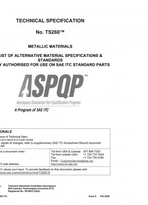 TS260-6 Liste metallischer Materialien mit alternativen Materialspezifikationen und -standards, die nur für die Verwendung auf SAE ITC-Standardteilen zugelassen sind