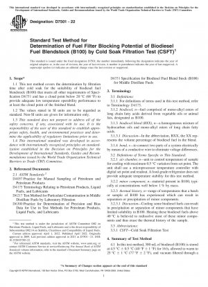 Standardtestmethode zur Bestimmung des Kraftstofffilterblockierungspotenzials von Biodieselkraftstoffmischungen (B100) durch Kaltfiltrationstest (CSFT)