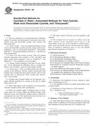 Standardtestmethoden für Cyanide in Wasser Automatisierte Methoden für Gesamtcyanid, schwach säuredissoziierbares Cyanid und Thiocyanat