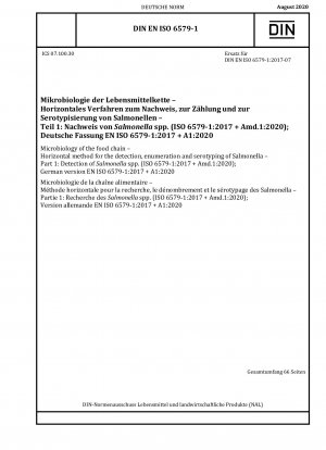 Mikrobiologie der Lebensmittelkette – Horizontale Methode zum Nachweis, zur Zählung und zur Serotypisierung von Salmonellen – Teil 1: Nachweis von Salmonella spp. (ISO 6579-1:2017 + Amd.1:2020); Deutsche Fassung EN ISO 6579-1:2017 + A1:2020