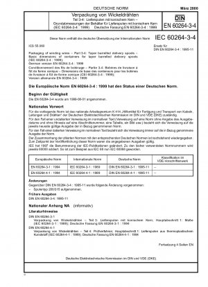 Verpackung von Wickeldrähten - Teil 3-4: Lieferspulen mit konischem Lauf; Grundabmessungen von Behältern für Lieferspulen mit konischem Lauf (IEC 60264-3-4:1999); Deutsche Fassung EN 60264-3-4:1999