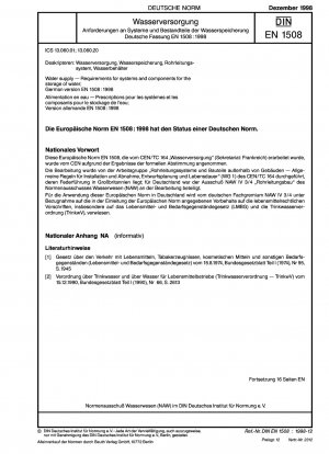 Wasserversorgung - Anforderungen an Systeme und Komponenten zur Wasserspeicherung; Deutsche Fassung EN 1508:1998