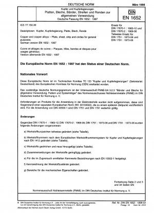 Kupfer und Kupferlegierungen – Platten, Bleche, Bänder und Kreise für allgemeine Zwecke; Deutsche Fassung EN 1652:1997