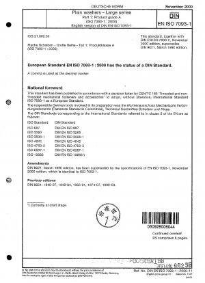 Unterlegscheiben - Große Serie - Teil 1: Produktklasse A (ISO 7093-1:2000); Deutsche Fassung EN ISO 7093-1:2000