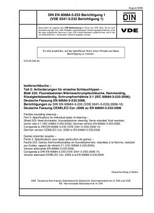 Flexible isolierende Schlafschläuche – Teil 3: Spezifikationen für einzelne Schlaftypen – Blatt 233: Wärmeschrumpfende Schlafschläuche aus Fluorelastomer, schwer entflammbar, flüssigkeitsbeständig, Schrumpfverhältnis 2:1 (IEC 60684-3-233:2006); deutsche Fassung EN 60684 -3-233:2006, Co
