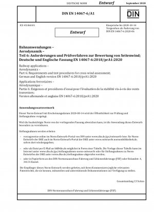 Bahnanwendungen – Aerodynamik – Teil 6: Anforderungen und Prüfverfahren für die Seitenwindbewertung; Deutsche und englische Fassung EN 14067-6:2018/prA1:2020