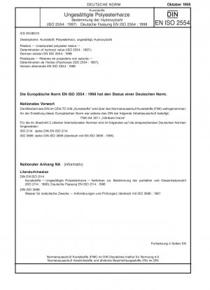Kunststoffe – Ungesättigte Polyesterharze – Bestimmung der Hydroxylzahl (ISO 2554:1997); Deutsche Fassung EN ISO 2554:1998