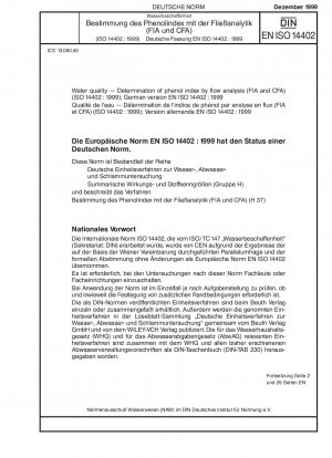 Wasserqualität – Bestimmung des Phenolindex mittels Durchflussanalyse (FIA und CFA) (ISO 14402:1999); Deutsche Fassung EN ISO 14402:1999
