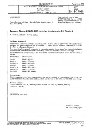 Unterlegscheiben, gefast – Normalreihe, Produktklasse A (ISO 7090:2000); Deutsche Fassung EN ISO 7090:2000