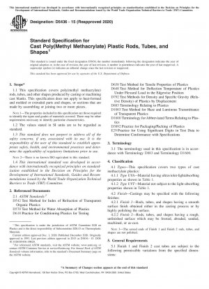 Standardspezifikation für gegossene Poly(methylmethacrylat)-Kunststoffstäbe, -Röhren und -Formen