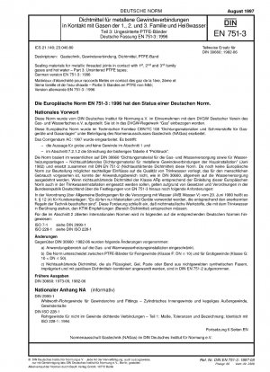 Dichtungsmaterialien für metallische Gewindeverbindungen in Kontakt mit Gasen der 1., 2. und 3. Familie und heißem Wasser – Teil 3: Ungesinterte PTFE-Bänder; Deutsche Fassung EN 751-3:1996