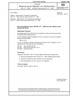 Kunststoffe – Bestimmung der Migration von Weichmachern (ISO 177:1988); Deutsche Fassung EN ISO 177:1999