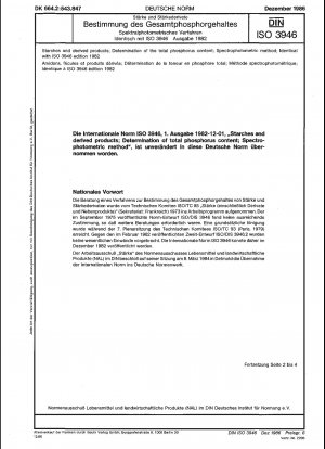 Stärken und Folgeprodukte; Bestimmung des Gesamtphosphorgehalts; spektrophotometrische Methode; Identisch mit ISO 3946, Ausgabe 1982
