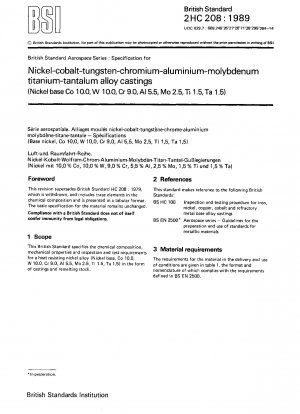 Spezifikation für Gussteile aus Nickel-Kobalt-Wolfram-Chrom-Aluminium-Molybdän-Titan-Tantal-Legierungen (Nickelbasis Co 10,0, W 10,0, Cr 9,0, Al 5,5, Mo 2,5, Ti 1,5, Ta 1,5)