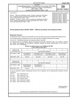Kunststoffe - Melamin-Formaldehyd-Pulverformmassen (MF-PMCs) - Teil 1: Bezeichnungssystem und Grundlage für Spezifikationen (ISO 14528-1:1999); Deutsche Fassung EN ISO 14528-1:1999