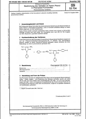 Prüfung von Kunststoffen; Bestimmung des freien Phenols in phenolischen Formmassen; photometrische Methode