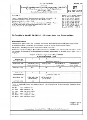 Kunststoffe - Melamin-/Phenol-Pulverformmassen (MP-PMCs) - Teil 1: Bezeichnungssystem und Grundlage für Spezifikationen (ISO 14529-1:1999); Deutsche Fassung EN ISO 14529-1:1999