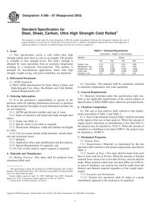 Standardspezifikation für Stahl, Blech, Kohlenstoff, ultrahochfestes kaltgewalztes Material