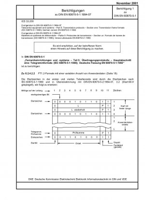 Berichtigung zu DIN EN 60870-5-1:1994-07: Fernwirkgeräte und -systeme - Teil 5: Übertragungsprotokolle; Abschnitt 1: Übertragungsrahmenformate (IEC 60870-5-1:1990); Deutsche Fassung EN 60870-5-1:1993