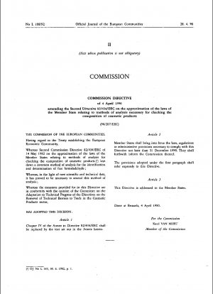 Richtlinie der Kommission zur Änderung der Zweiten Richtlinie 82/434/EWG zur Angleichung der Rechtsvorschriften der Mitgliedstaaten über Analysemethoden, die zur Überprüfung der Zusammensetzung kosmetischer Mittel erforderlich sind