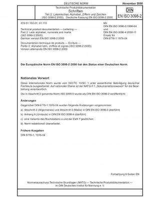 Technische Produktdokumentation – Beschriftung – Teil 2: Lateinisches Alphabet, Ziffern und Zeichen (ISO 3098-2:2000); Deutsche Fassung EN ISO 3098-2:2000