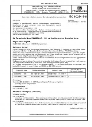 Verpackung von Wickeldrähten - Teil 3-5: Lieferspulen mit konischem Lauf - Spezifikation für Spulenbehälter aus thermoplastischem Material (IEC 60264-3-5:1999); Deutsche Fassung EN 60264-3-5:1999