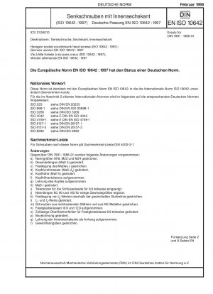 Senkkopfschrauben mit Innensechskant (ISO 10642:1997); Deutsche Fassung EN ISO 10642:1997