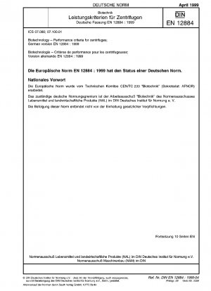 Biotechnologie - Leistungskriterien für Zentrifugen; Deutsche Fassung EN 12884:1999
