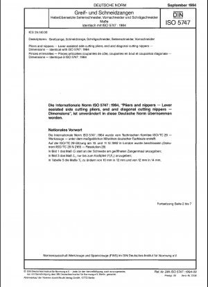 Zangen und Zangen - Hebelunterstützte Seitenschneider, End- und Seitenschneider - Abmessungen; Identisch mit ISO 5747:1984