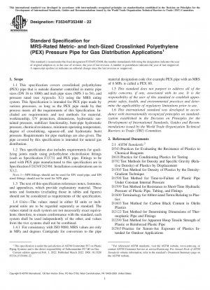 Standardspezifikation für Druckrohre aus vernetztem Polyethylen (PEX) mit MRS-Einstufung in metrischen und Zollabmessungen für Gasverteilungsanwendungen