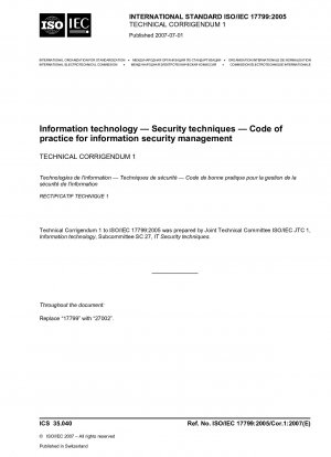 Informationstechnologie - Sicherheitstechniken - Verhaltenskodex für Informationssicherheitsmanagement; Technische Berichtigung 1