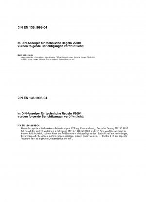Atemschutzgeräte - Vollgesichtsmasken - Anforderungen, Prüfung, Kennzeichnung; Deutsche Fassung EN 136:1997