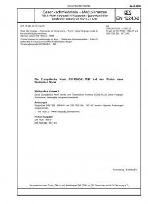 Gesenkschmiedestücke aus Stahl – Maßtoleranzen – Teil 2: Gesenkschmiedestücke, hergestellt auf horizontalen Schmiedemaschinen; Deutsche Fassung EN 10243-2:1999