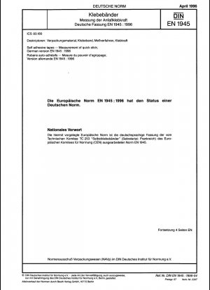 Selbstklebende Bänder – Messung der Schnellklebkraft; Deutsche Fassung EN 1945:1996